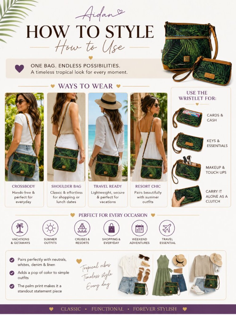 Dooney & Bourke Palm Leaf Crossbody Bag + Matching Wristlet Tropical EUC - Picture 3 of 15